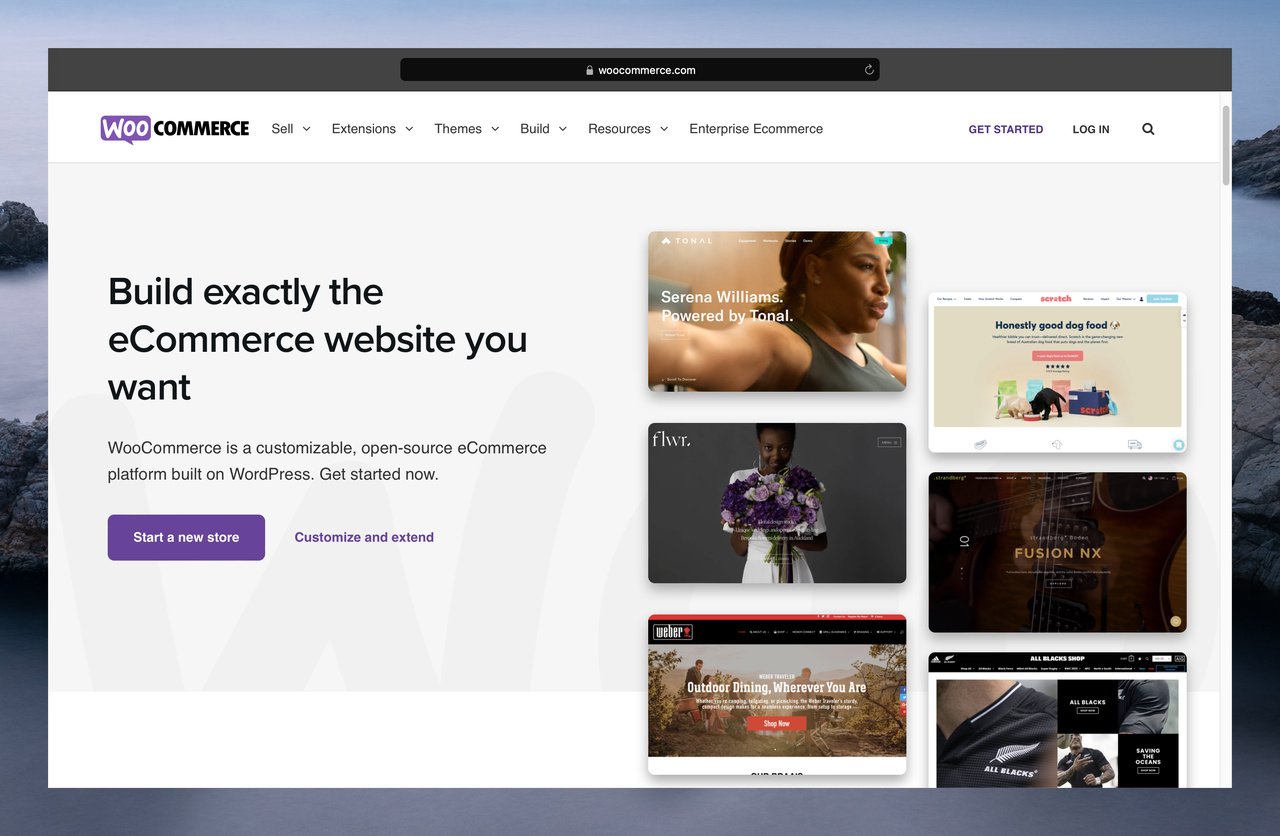 WooCommerce’s homepage with the headline on the left followed by a purple CTA button, and on the right there are multiple windows showing different website designs