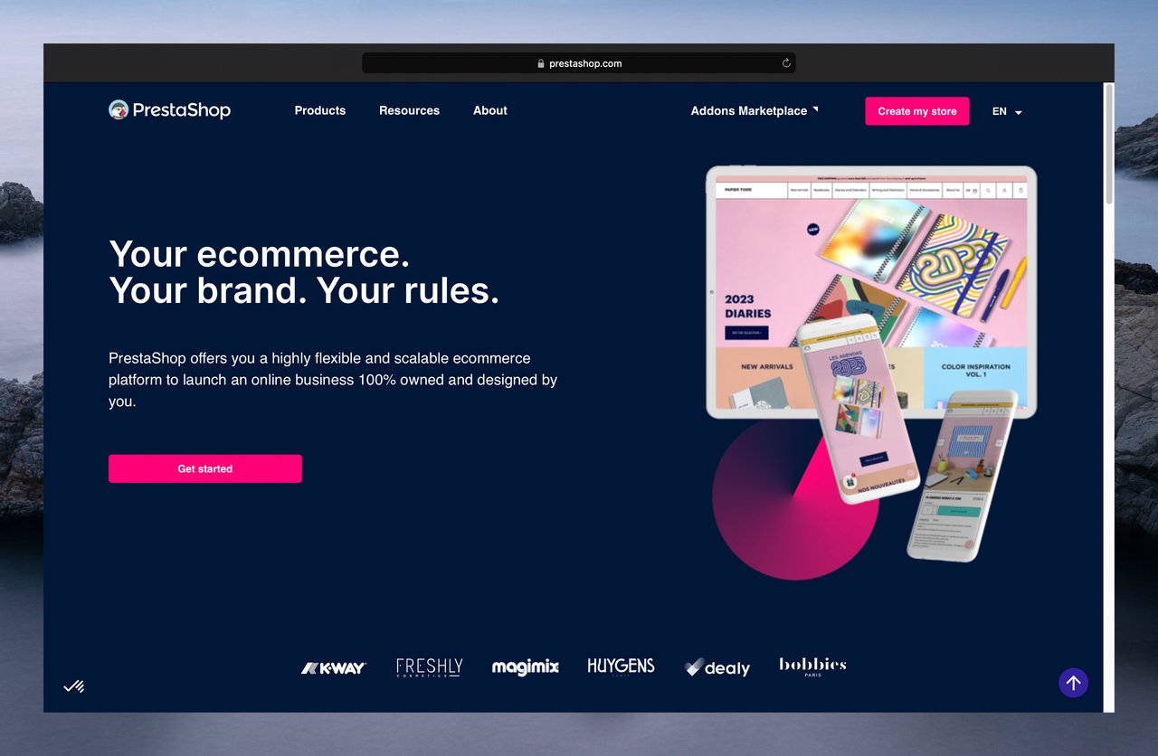 Prestashop’s homepage with the headline “Your ecommerce. Your brand. Your rules” on a dark blue background; on the right, a computer screen, and two phones are visible, all showing the same website