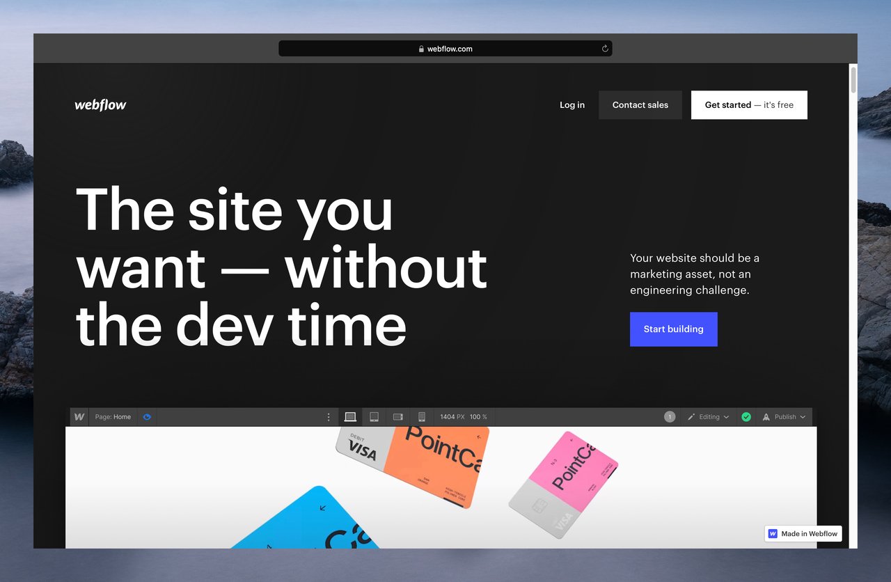 Webflow’s homepage with the bold headline “The site you want-without the dev time” on a dark background, and a CTA button on the right; below half of a website design is visible