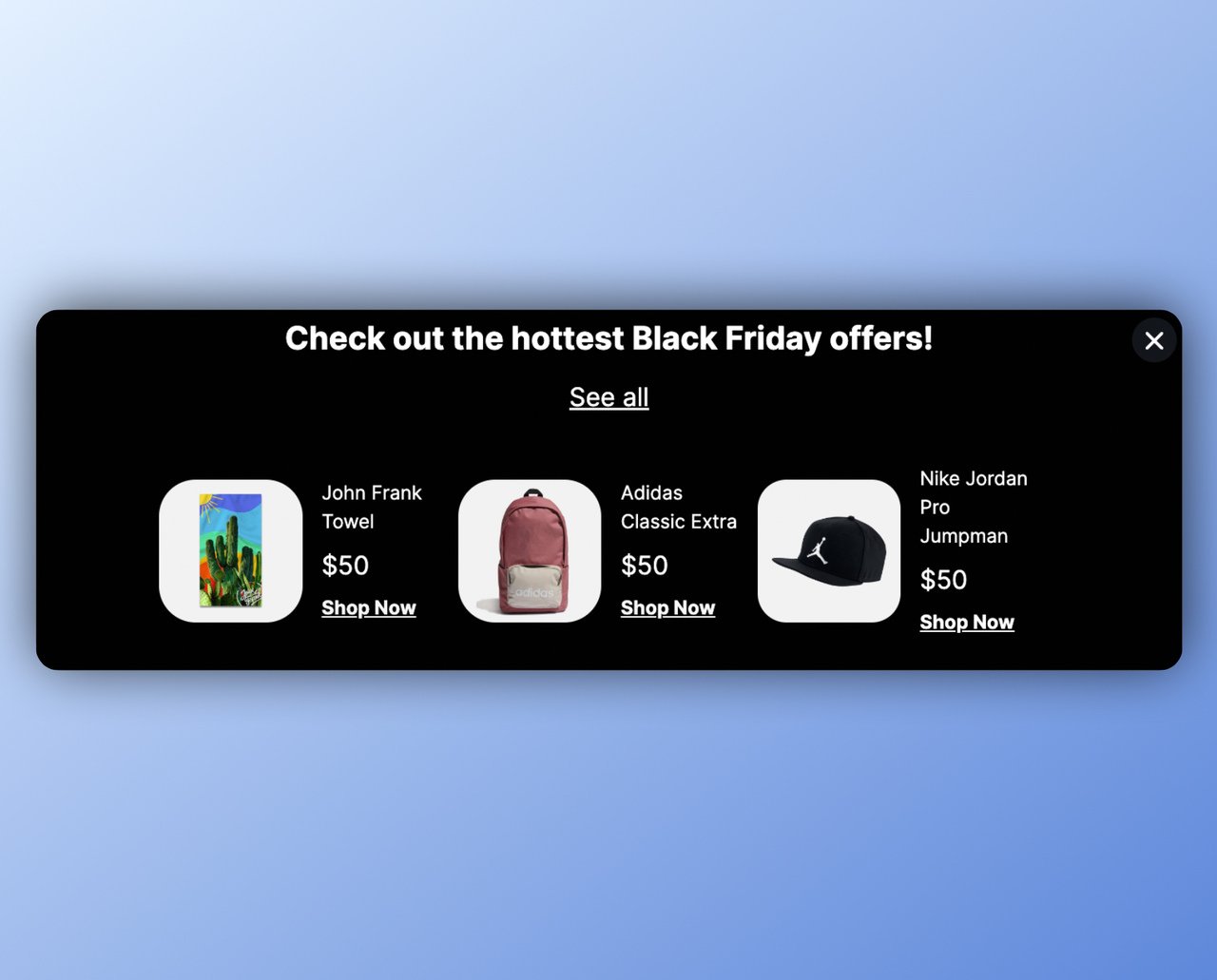 Black floating bar popup displaying a towel, backpack and a cap with their prices next to them