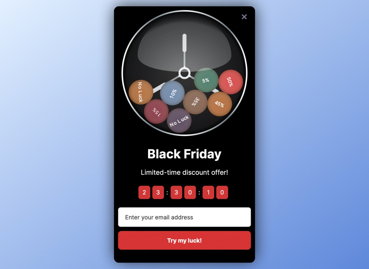 Black Friday themed gamified popup with a countdown timer and an email box offering free shipping with a lottery-like game of balls