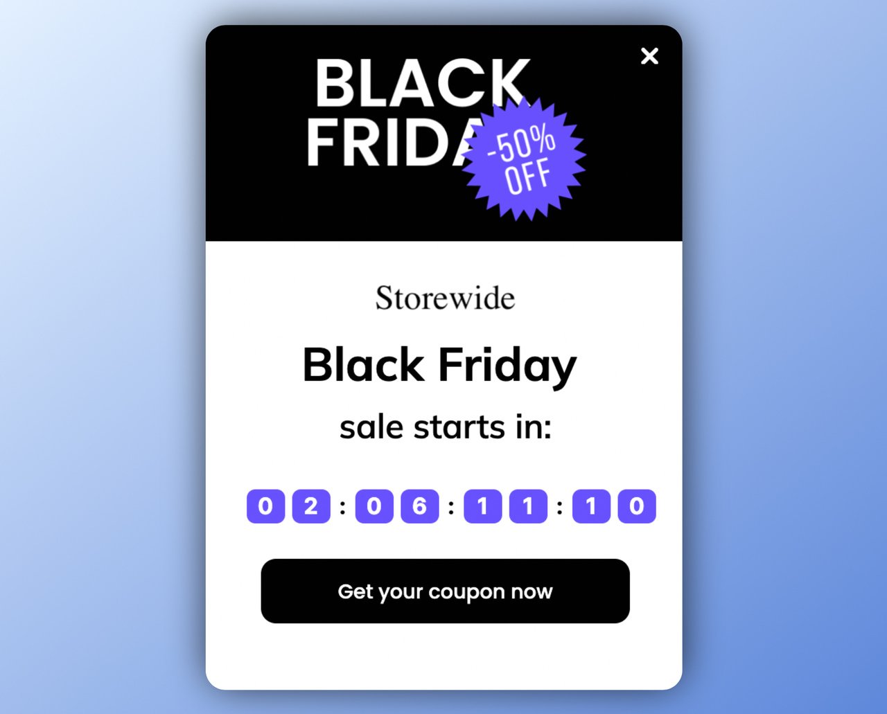 Black Friday presale announcement popup with a countdown timer and a button below