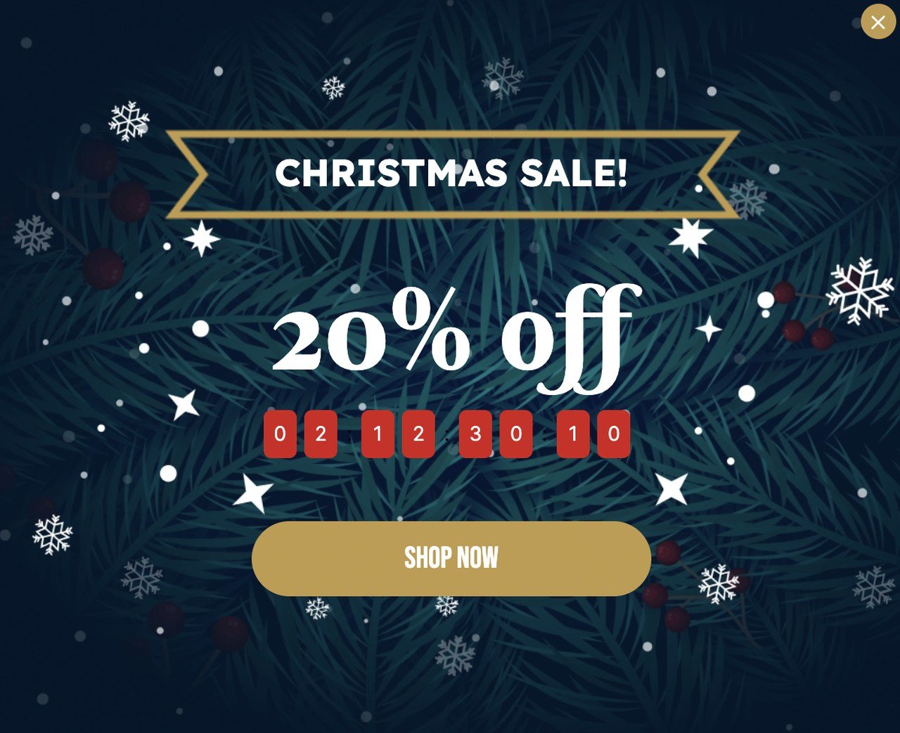 A Christmas sale popup with a red countdown timer and gold "Shop Now" button