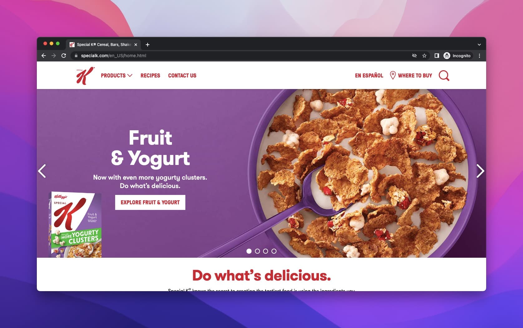 Special K's landing page and a product composed of yogurt and fruit with purple color and the image of cereal