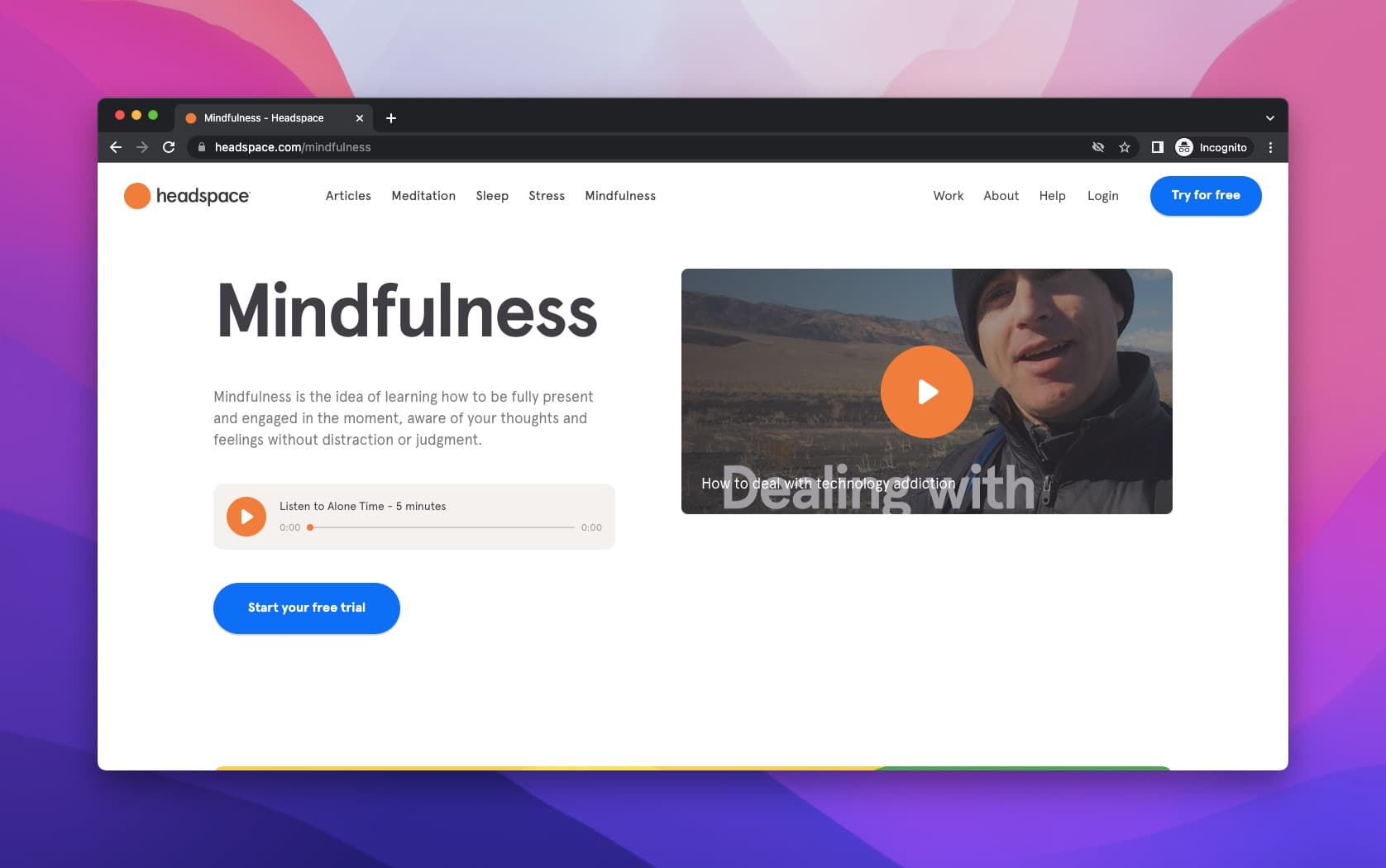 Headspace's website with a video, descriptions, voice record, and CTA button on a white background