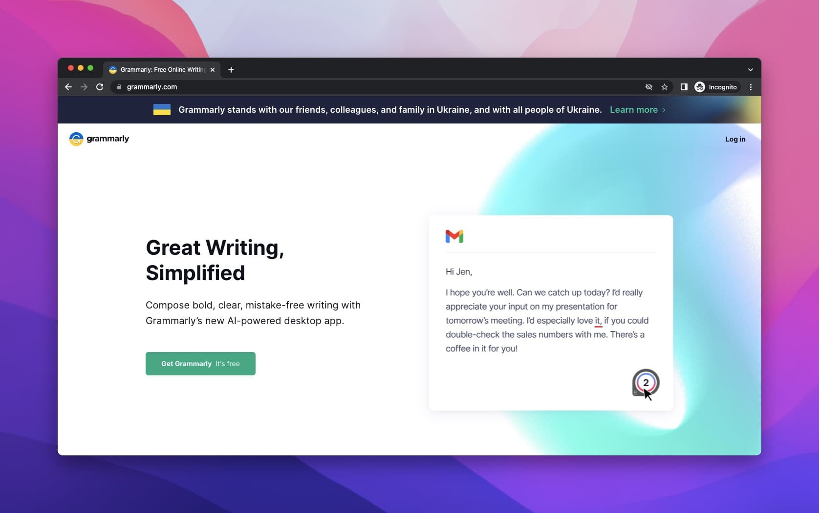 Grammarly's website with an animated email writing example and a description to support CTA