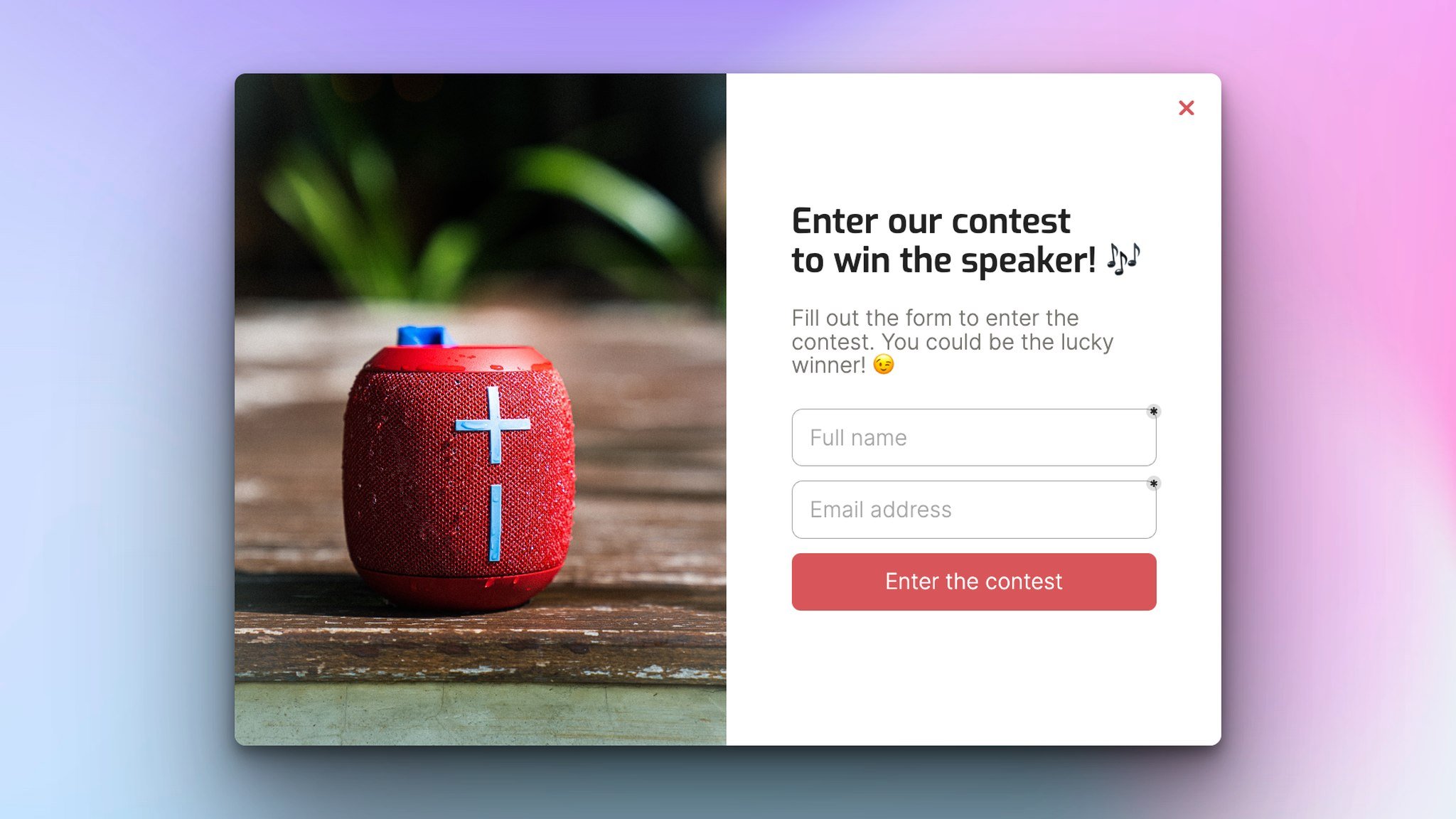 contest popup with a red speaker image on the left and on the right, there are name and email address fields followed by a red enter the contest button