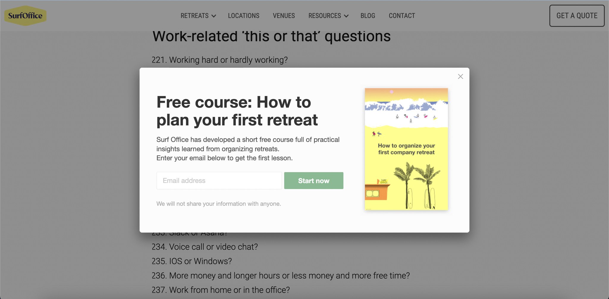 free course popup with a text on the left and an image of the course book on the right; below there is an email field and a start now button