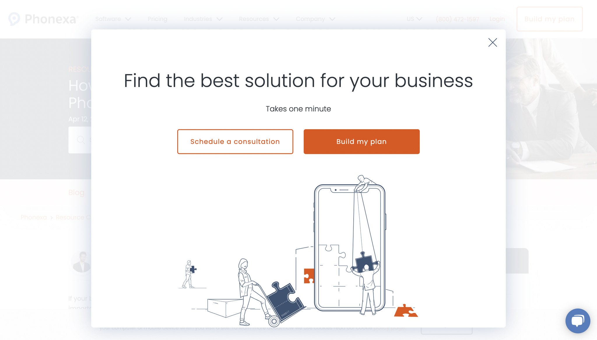 consultation popup with "find the best solution for your business" headline followed by two buttons as "schedule a consultation" and "build my plan" with illustration of people bringing puzzle pieces together below