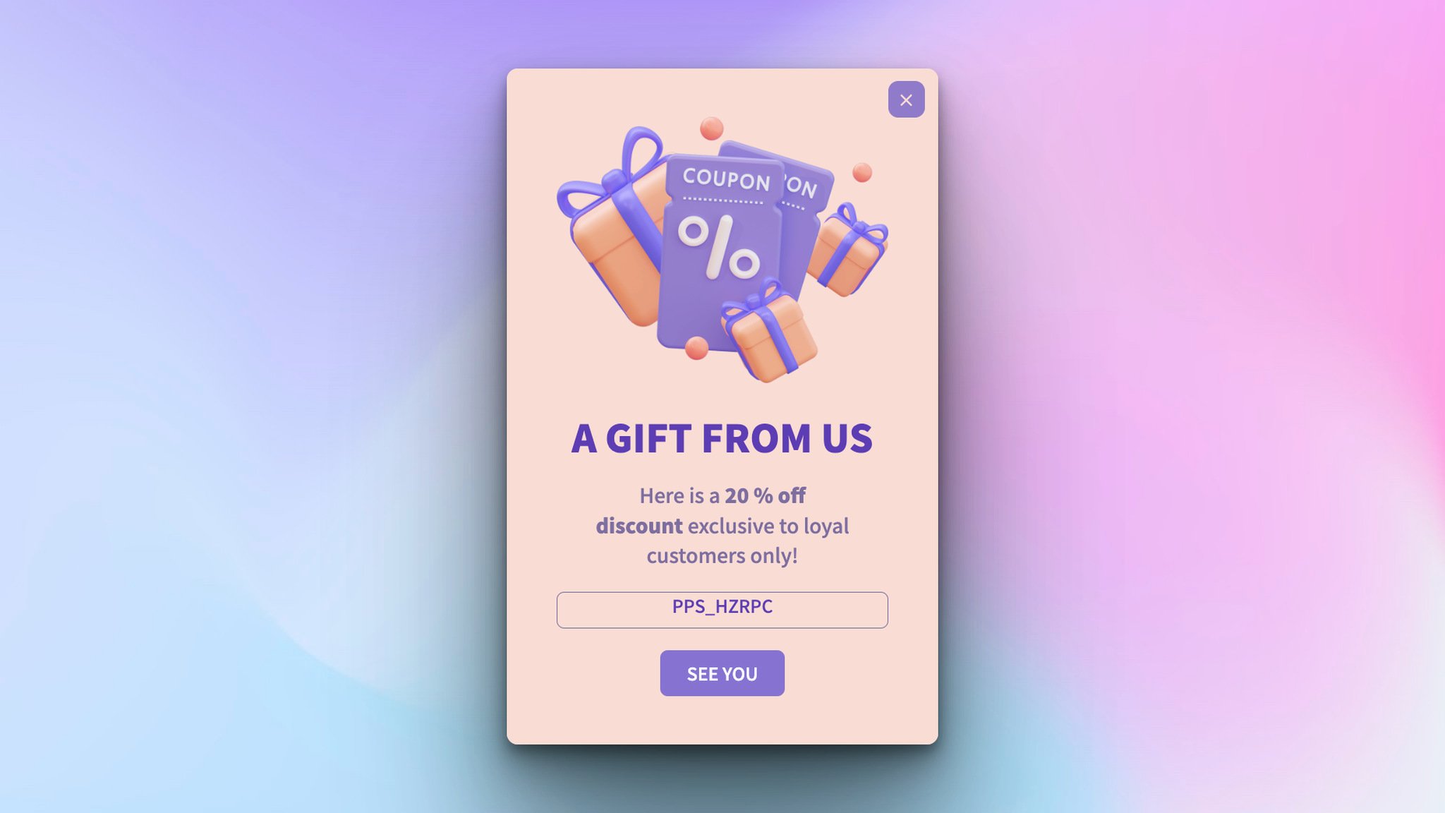 customer loyalty popup with illustrations of gift boxs and coupon codes followed by a coupon code and a see you button