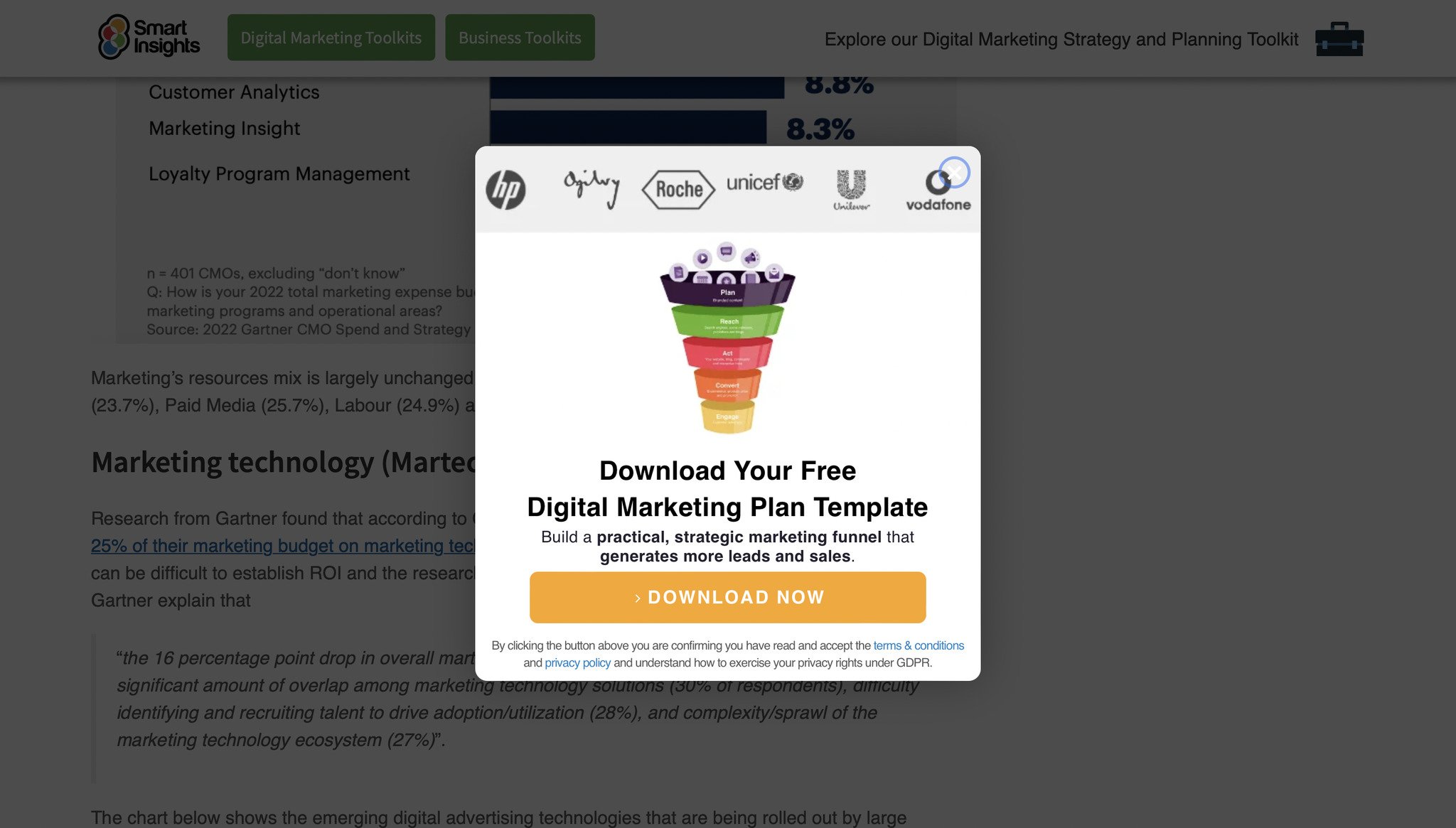 template lead magnet popup with an illustration of conversion funnel in different colors and a light orange button below to download