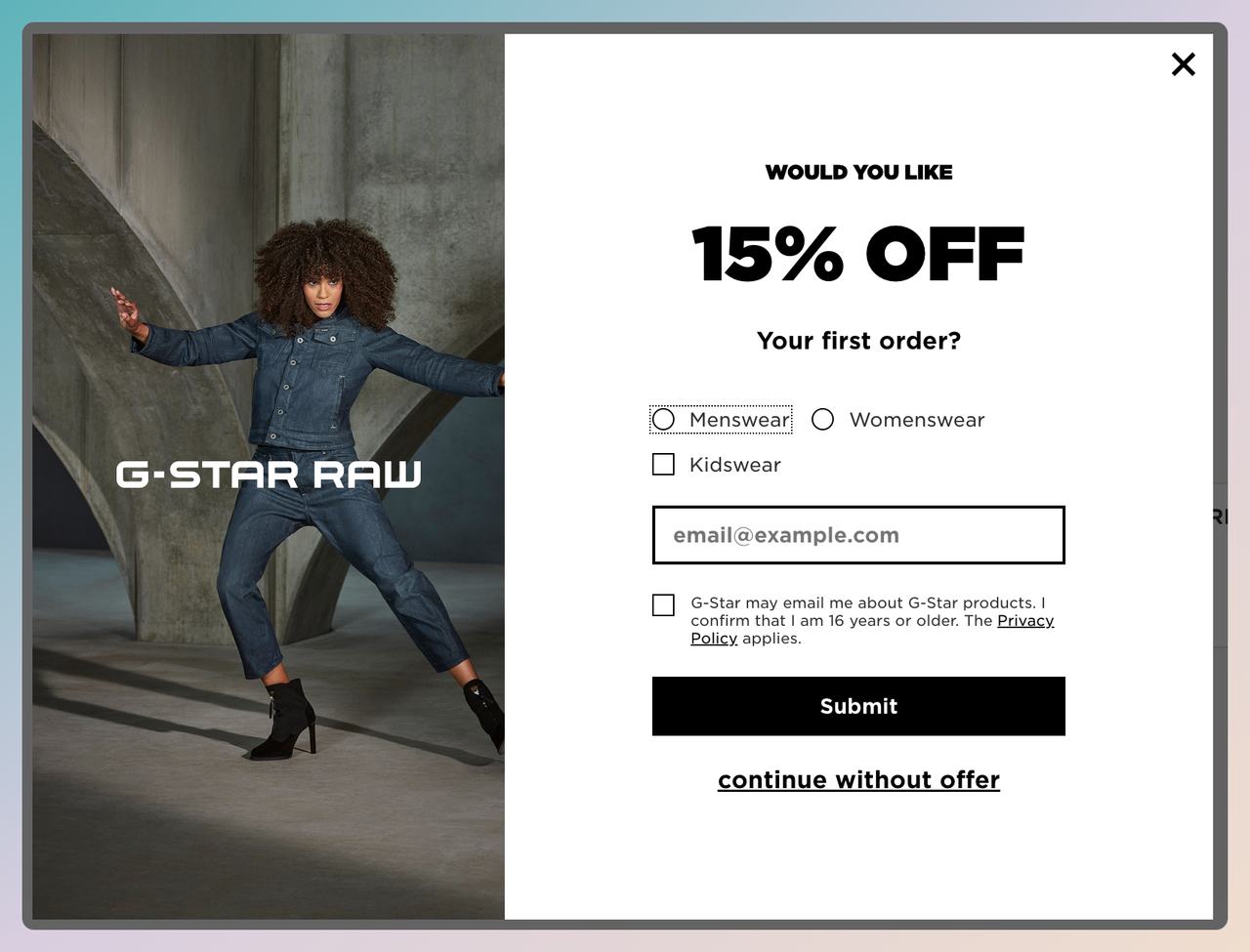 a screenshot of a cart abandonment popup example from gStar offering discount to new visitors