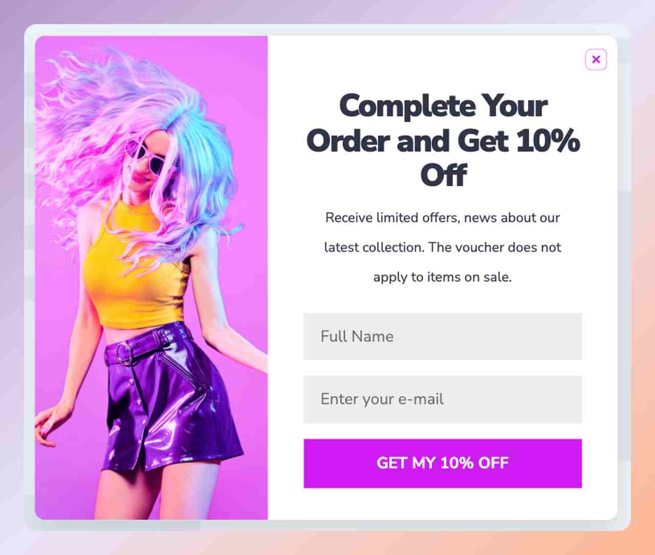 a cart abandonment popup example from Popupsmart that shows a girl with purple hair very happy jumpping and a text that says "Complete YourOrder and Get 10% Off"