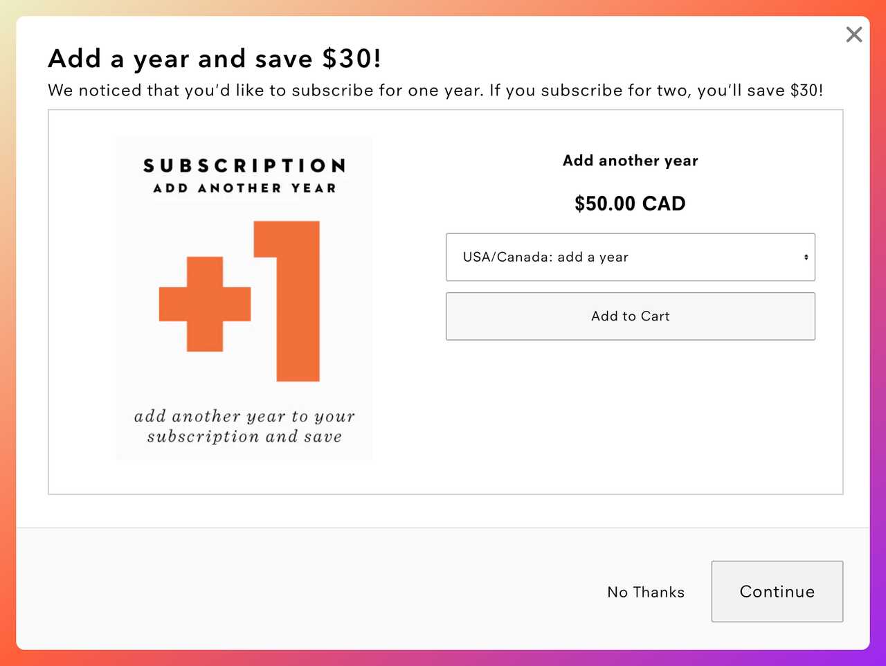 a screenshot of a cart abandonment popup example from uppercasemagazine offering 2 years subscription with 30% off