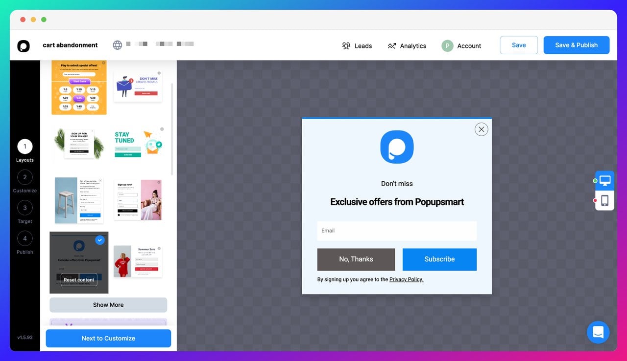 a screenshot of the Popupsmart popup builder dashboard showing how to create a cart abandonment popup in 5 steps