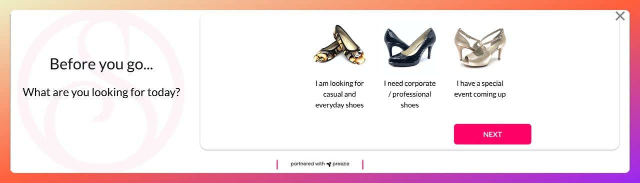 a screenshot of a cart abandonment popup example from scarlettos cross selling their shoes products