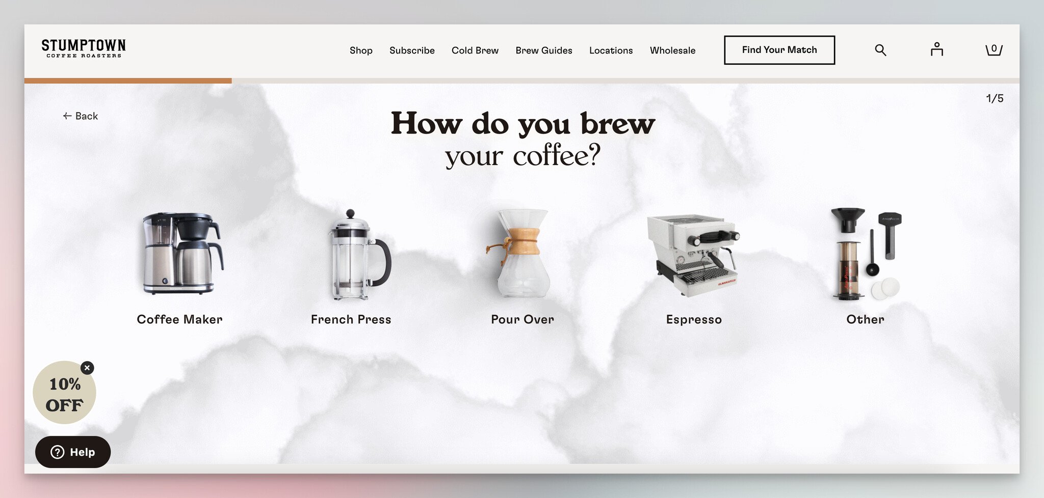 Stumptown Coffee's second step of a coffee recommendation quiz, which is a lead generation form example