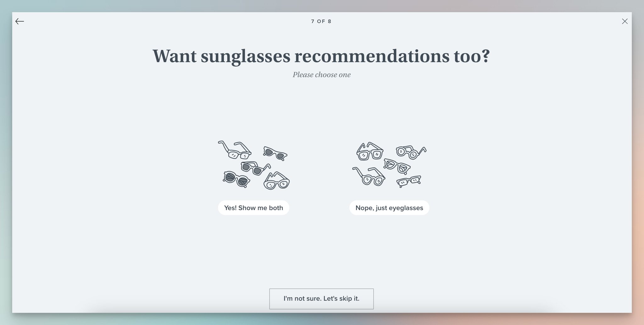 Warby Parker's second step of the product recommendation quiz, which is a lead generation form example