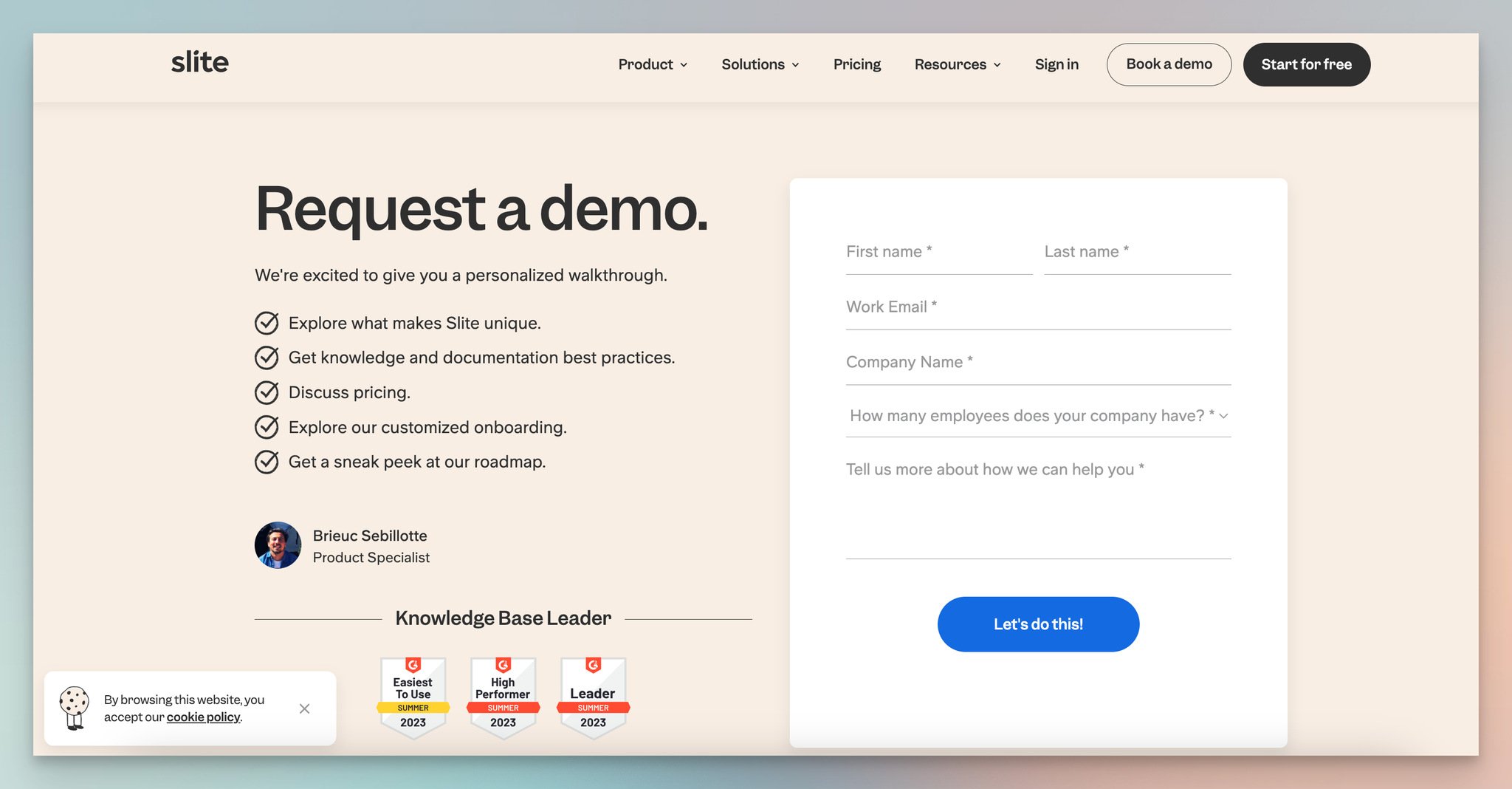 Slite's book a demo form, which is a lead generation form example