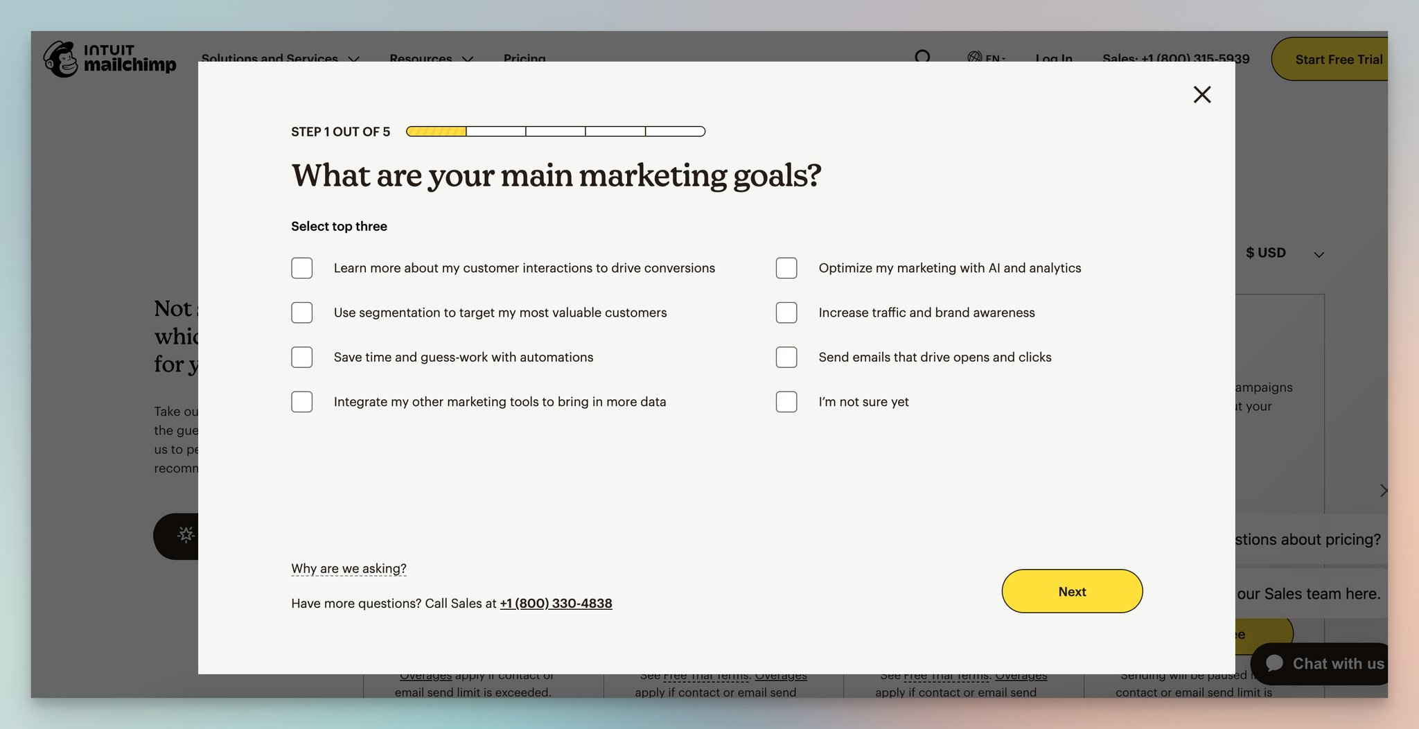 Mailchimp's quiz form's second step to choose a suitable plan, which is a lead generation form example