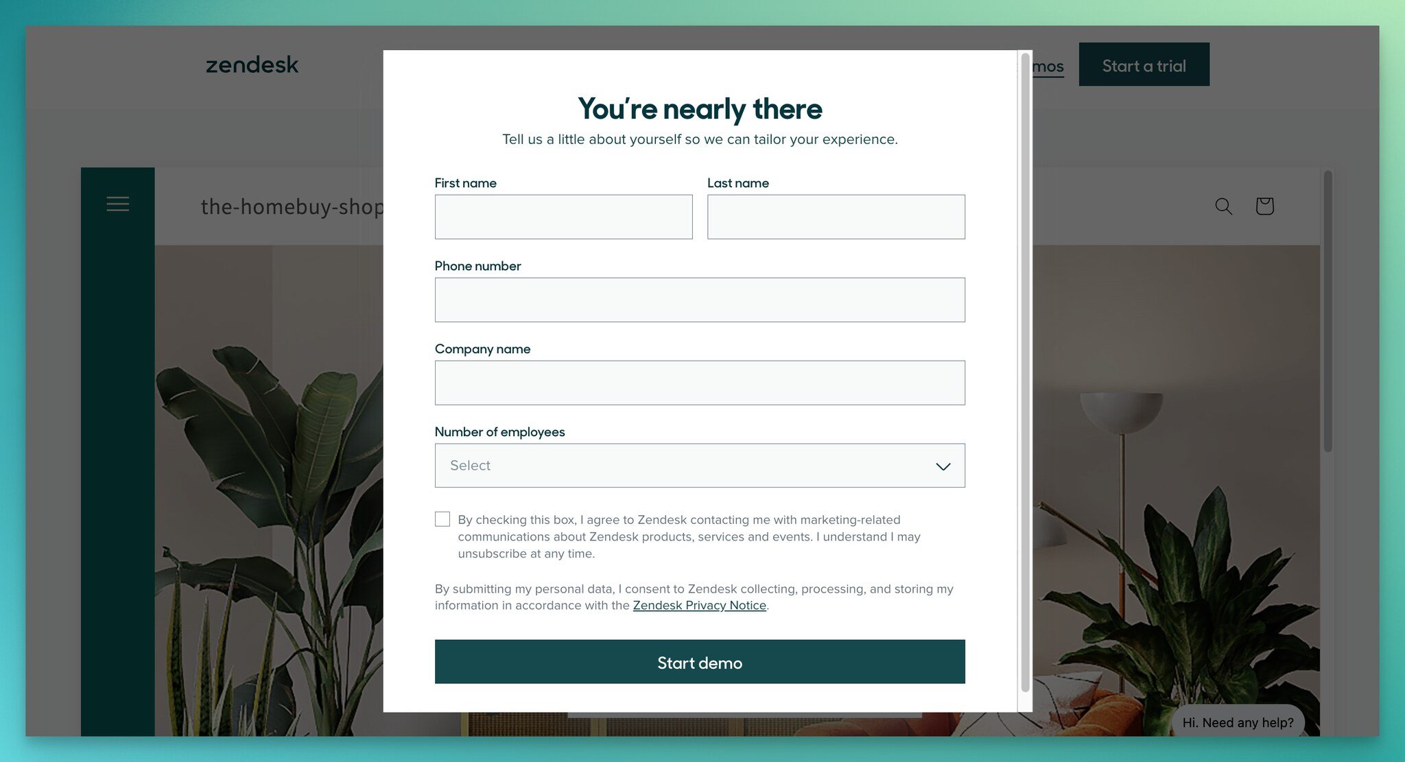 Zendesk's last step of a quiz to view a demo form, which is a lead generation form example