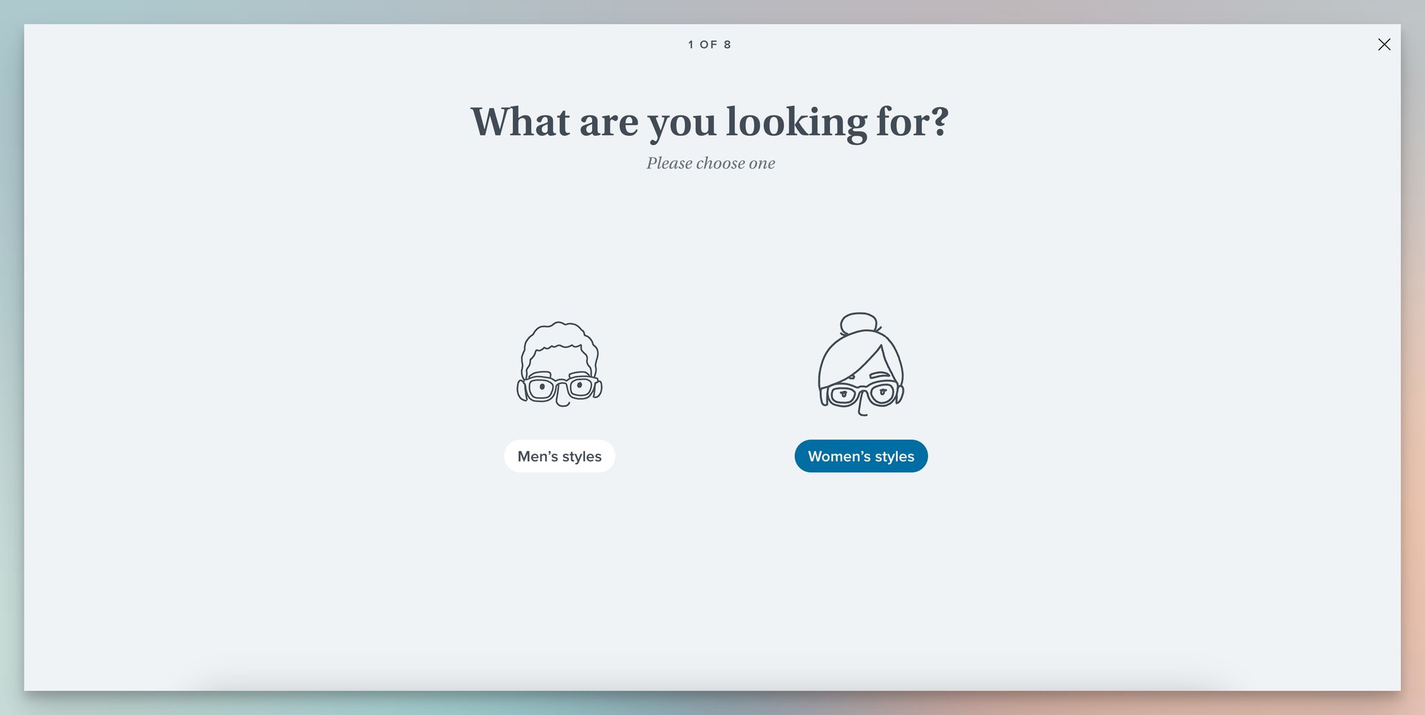 Warby Parker's first step of the product recommendation quiz, which is a lead generation form example