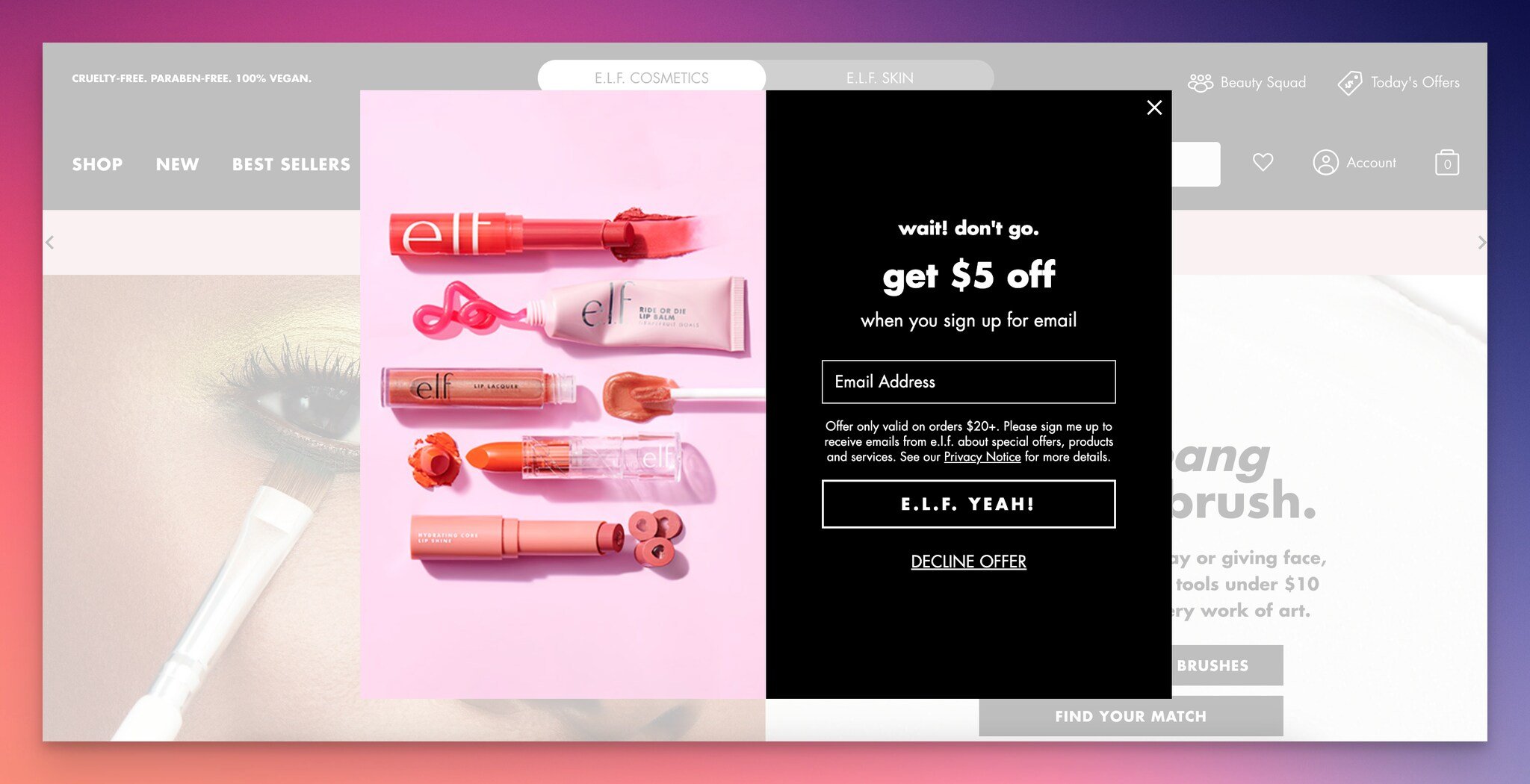 e.l.f. Cosmetics' exit-intent form with a discount, which is a lead generation form example