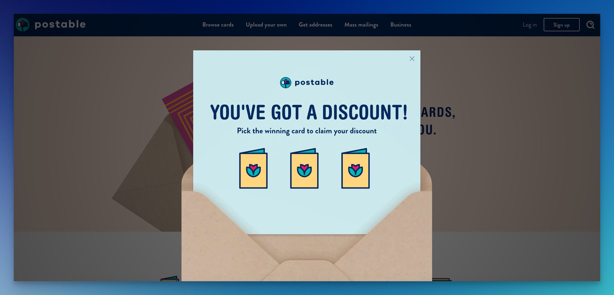 Postable's first step of a playful popup, which is a lead generation form example