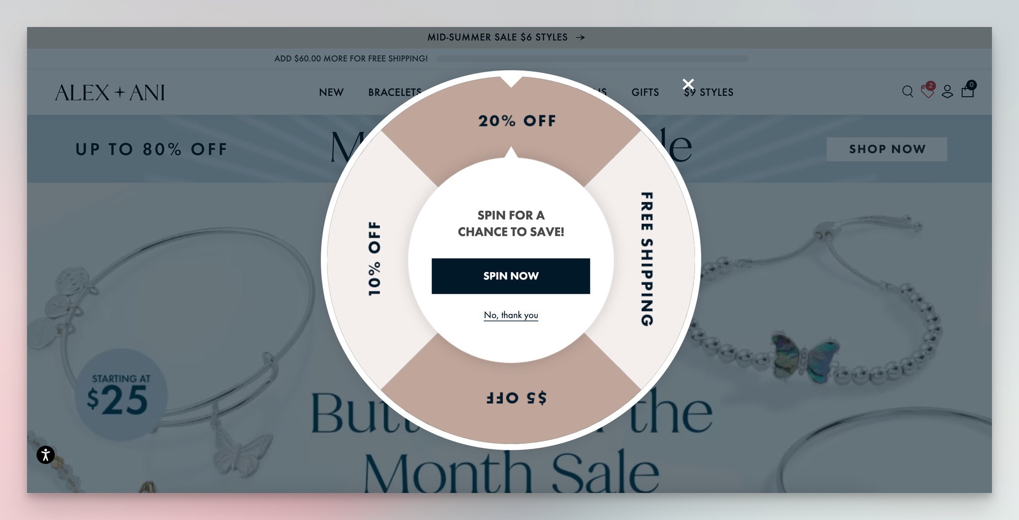 Alex and Ani's gamification popup example that includes discount