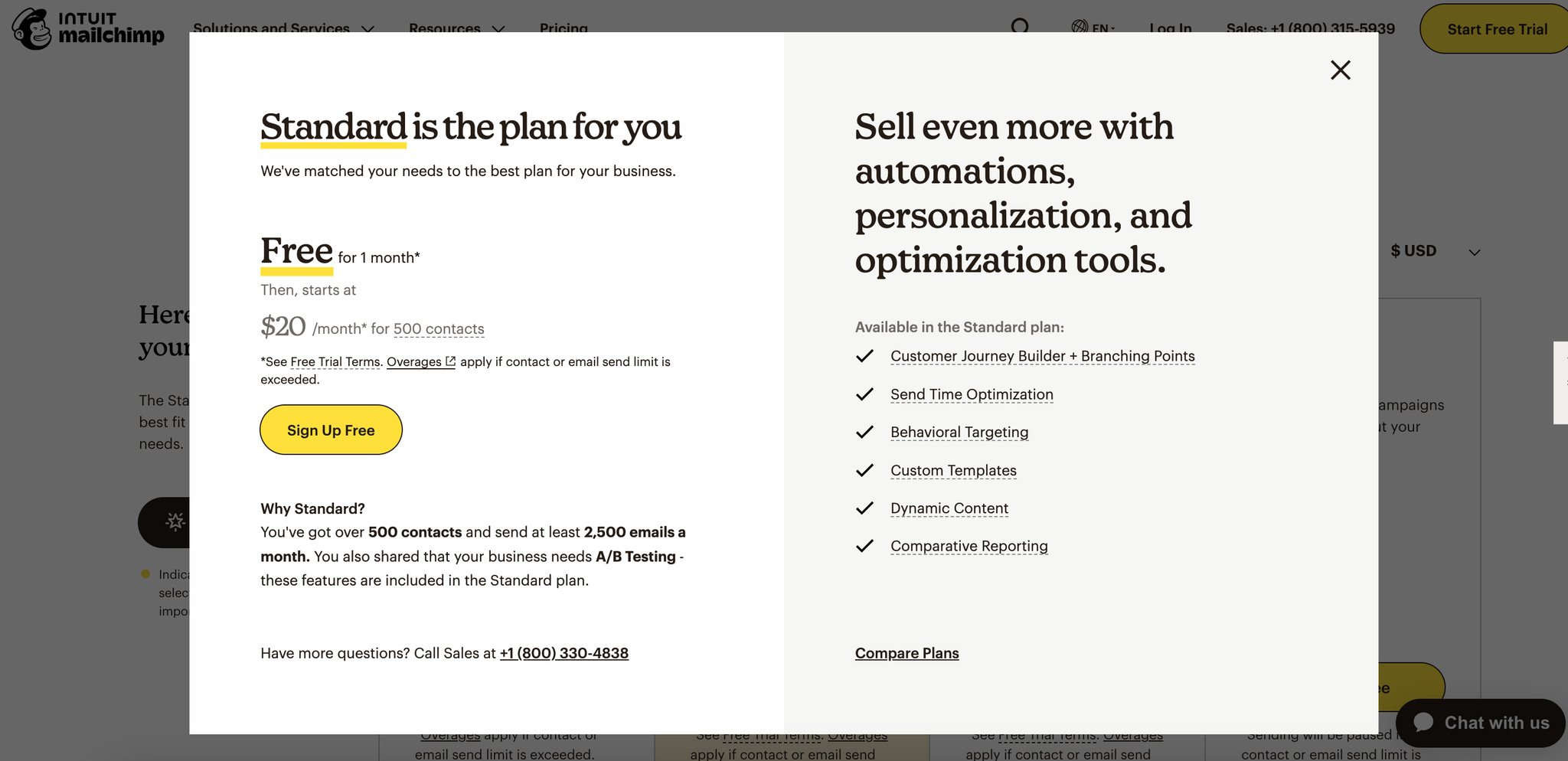 Mailchimp's quiz form's last step to choose a suitable plan, which is a lead generation form example