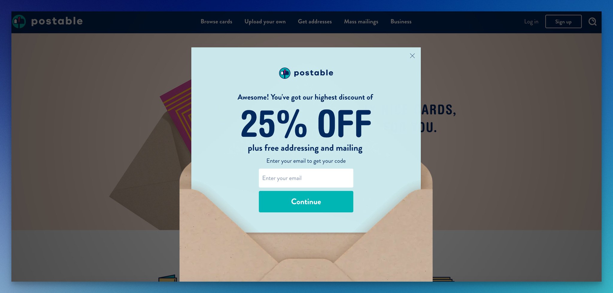 Postable's second step of a playful popup, which is a lead generation form example