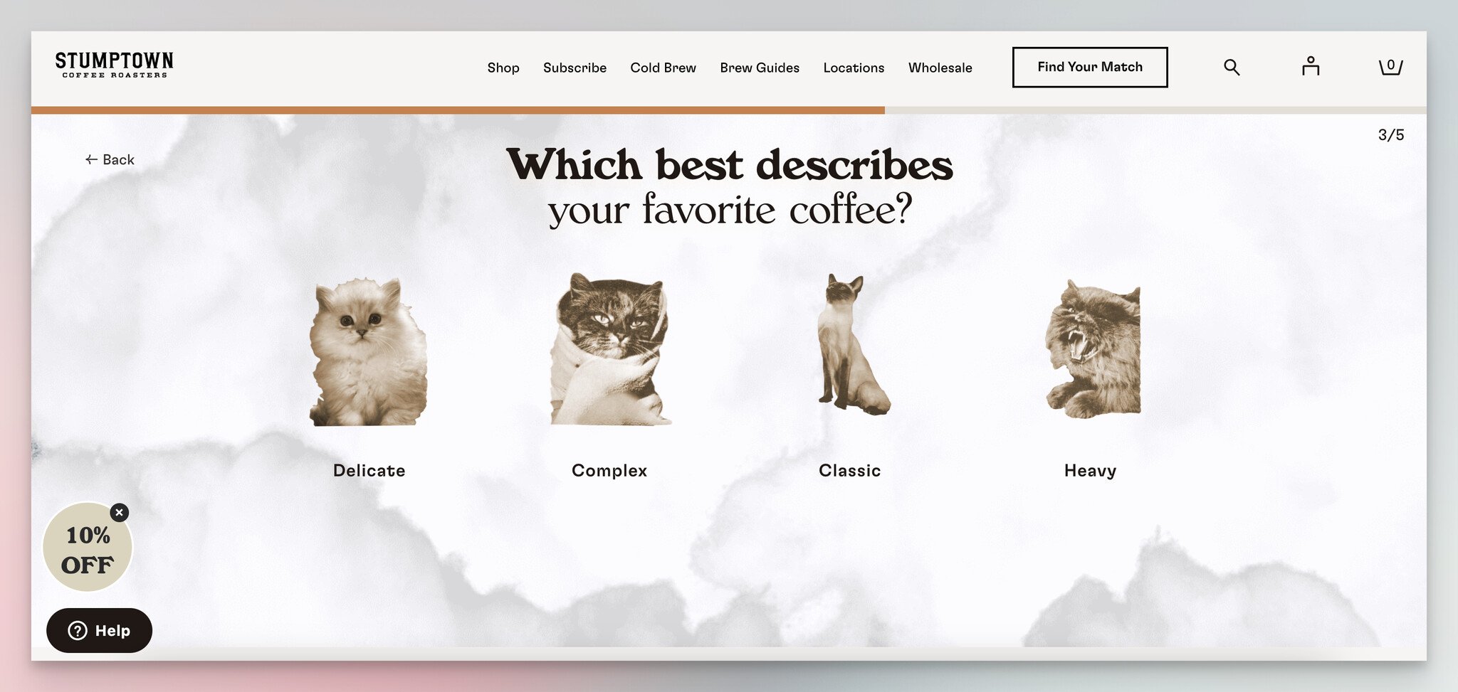 Stumptown Coffee's third step of a coffee recommendation quiz, which is a lead generation form example