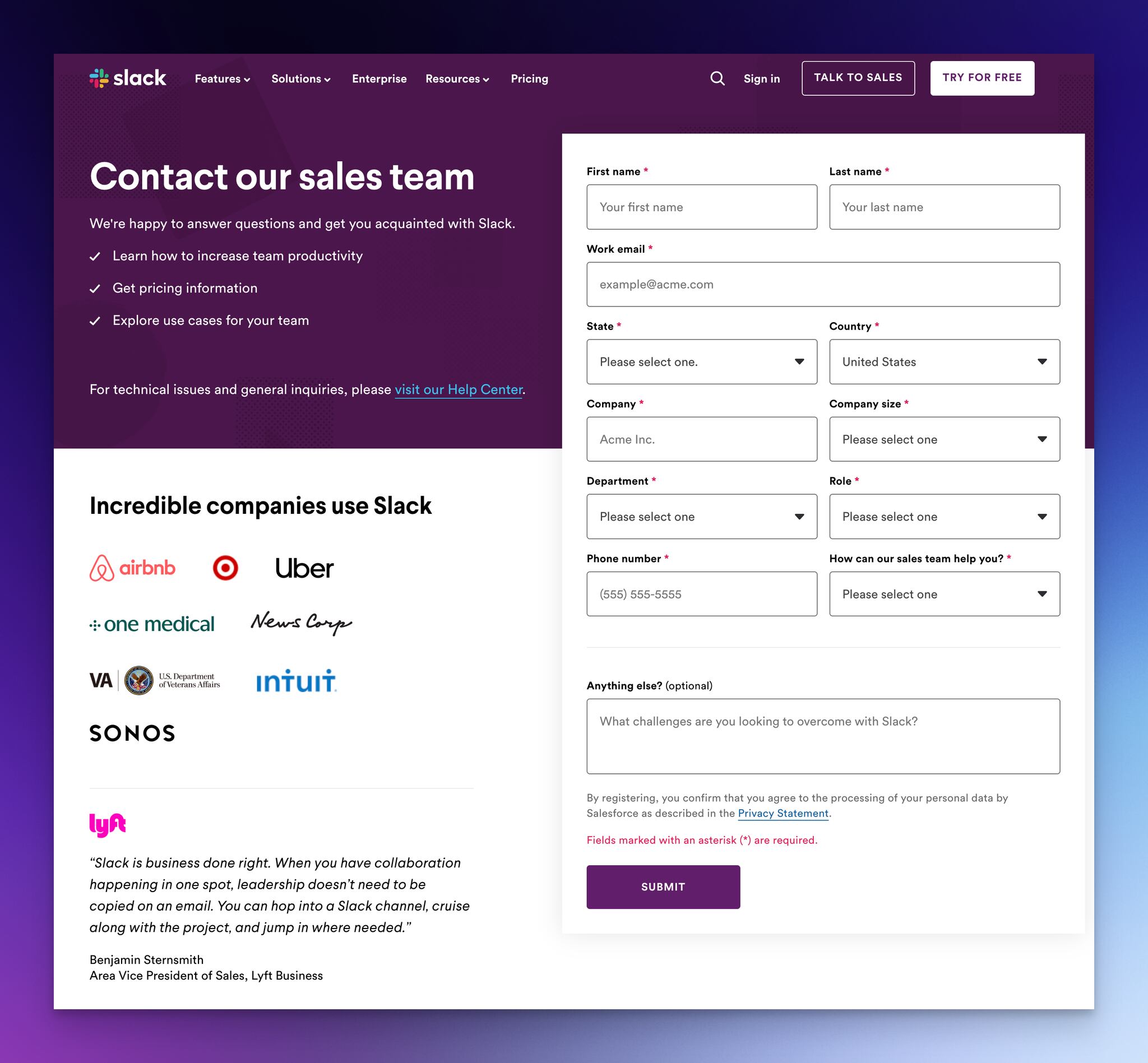 Slack's contact sales team form, which is a lead generation form example