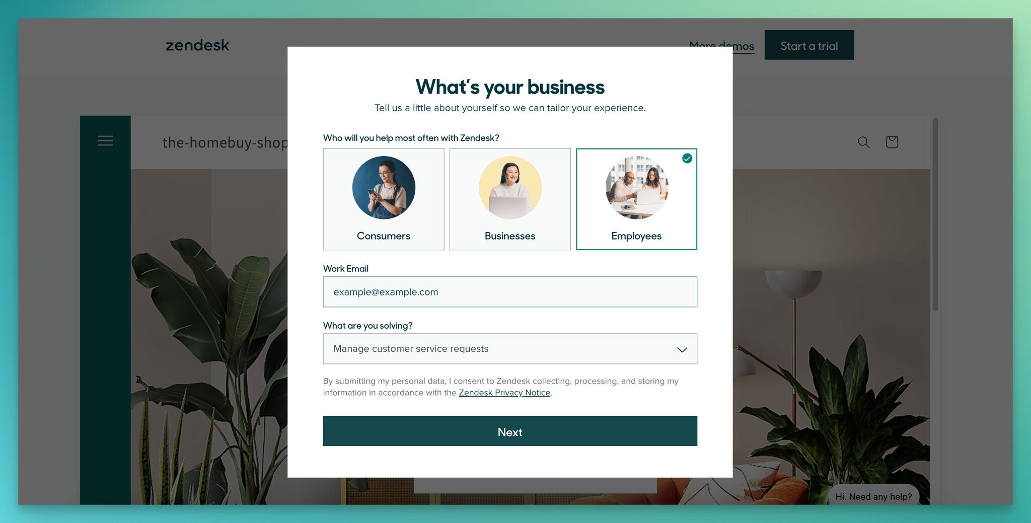 Zendesk's first step of a quiz to view a demo form, which is a lead generation form example