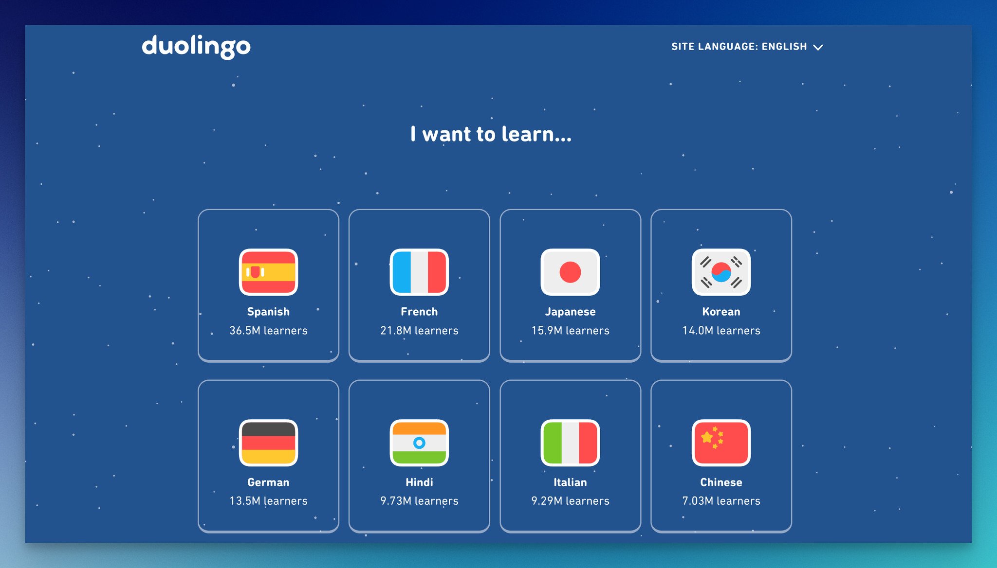 Duolingo's first step of the onboarding form, which is a lead generation form example