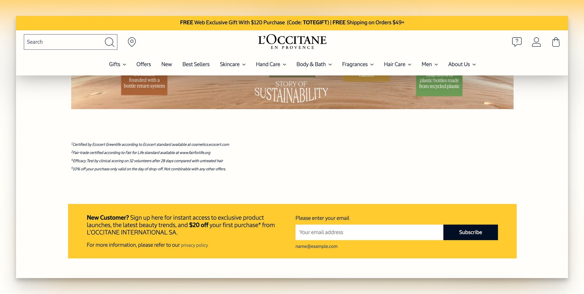 L'Occitane's form with a discount for the first purchase, which is a lead generation form example