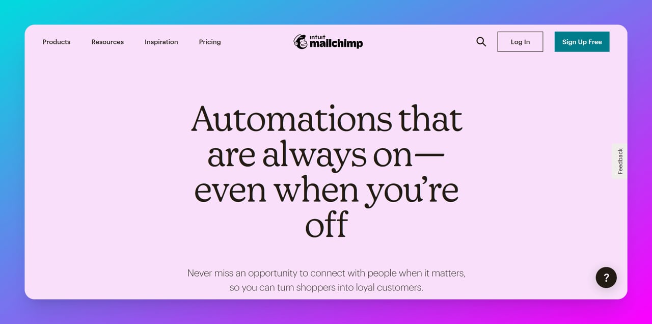 Mailchimp-website-screenshot-with-pink-background-with-texts-about-email-marketing-lead-generation-automation