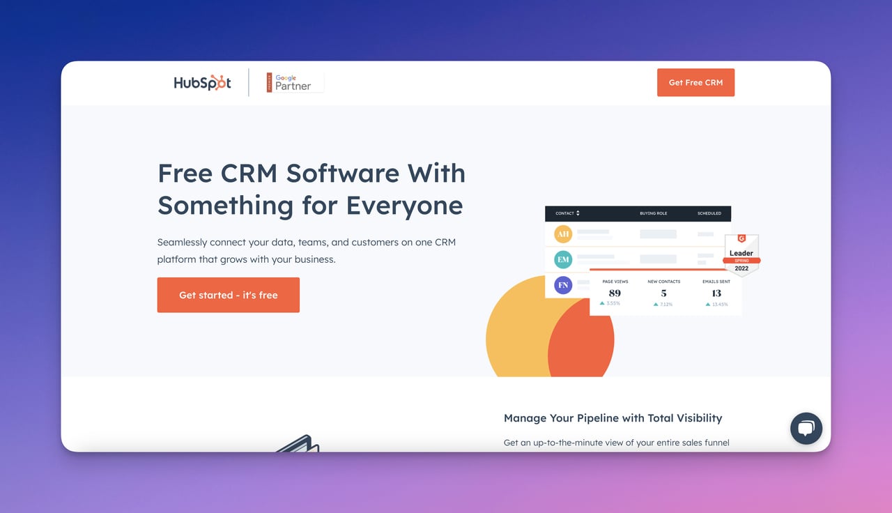 The landing page of Hubspot CRM