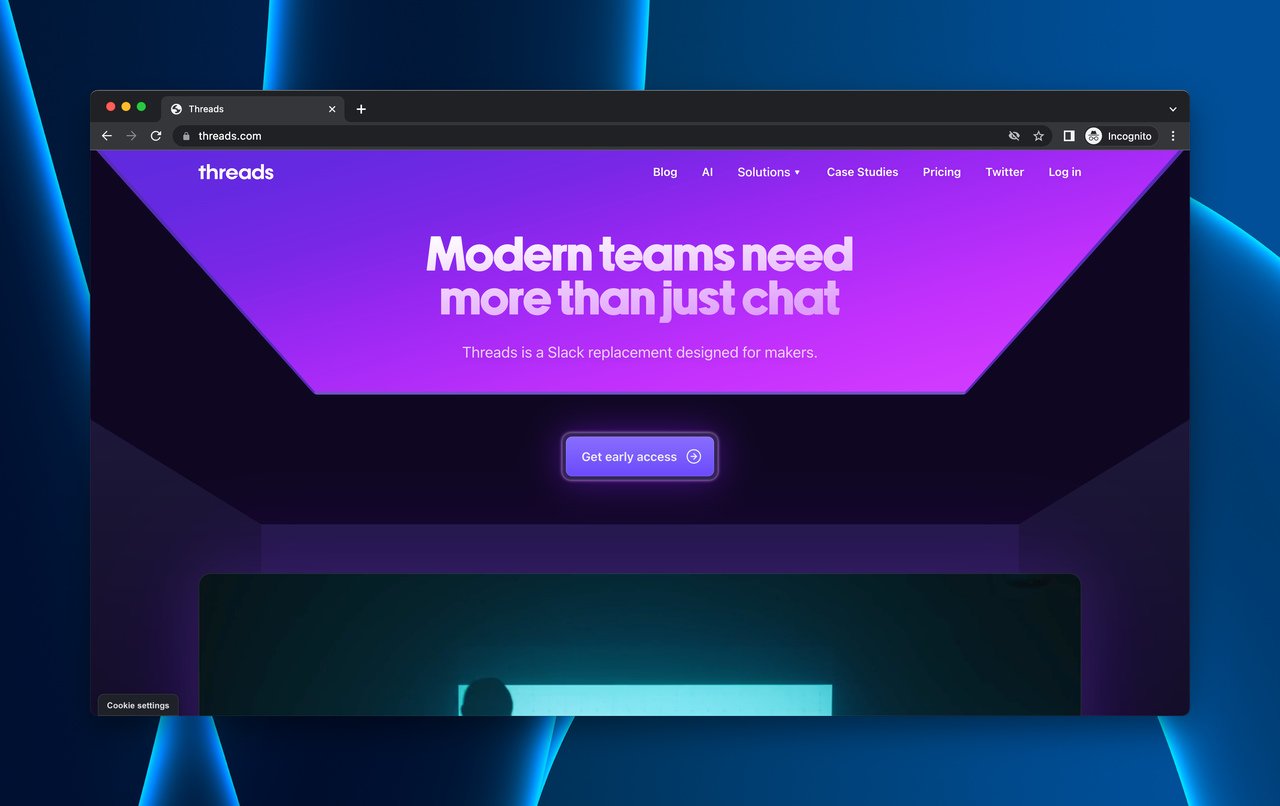 Threads landing page with neon background