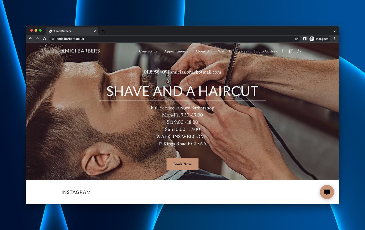 the landing page of Amici Barbers for men's grooming