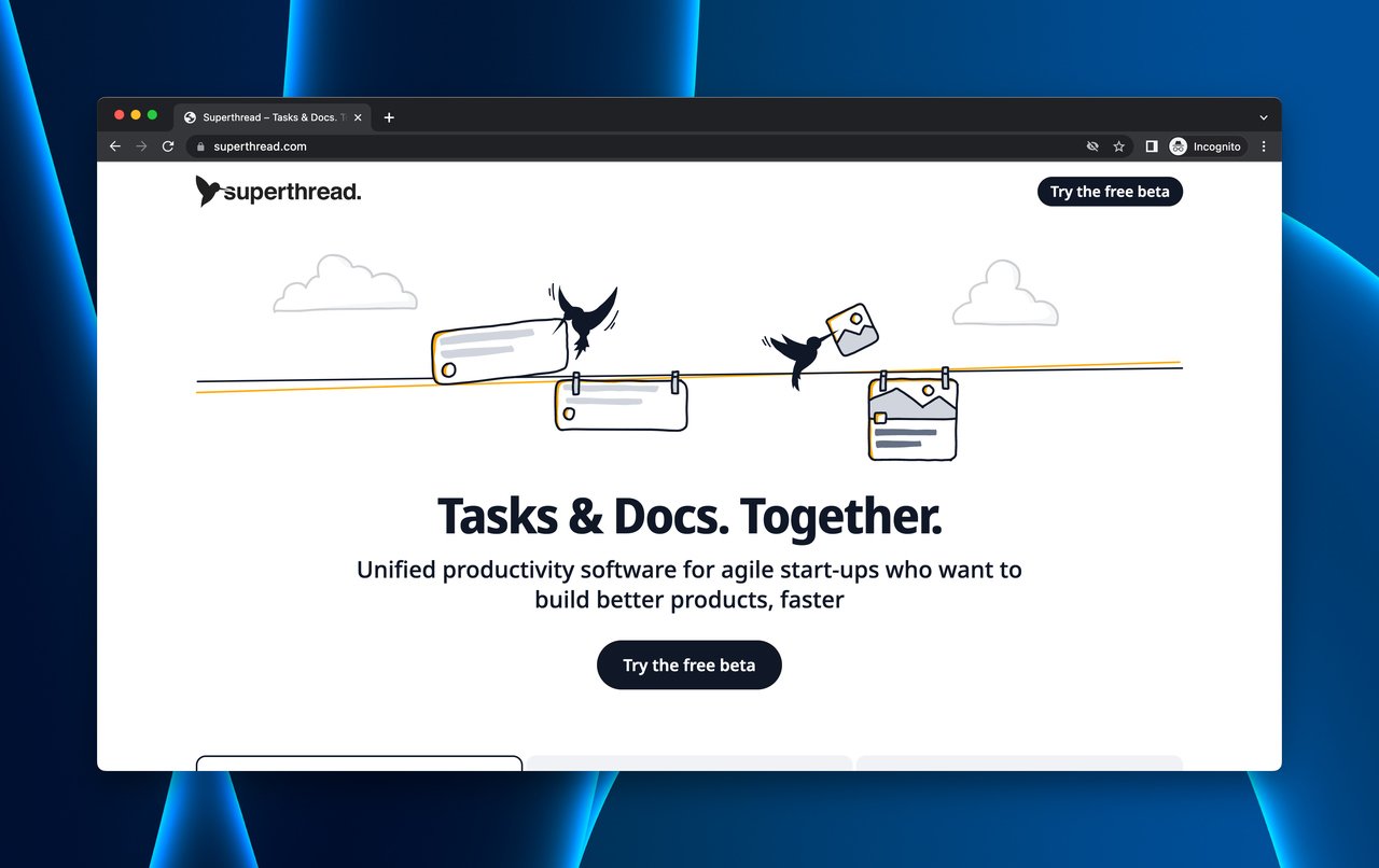 the landing page of Superthread, which is a productivity app