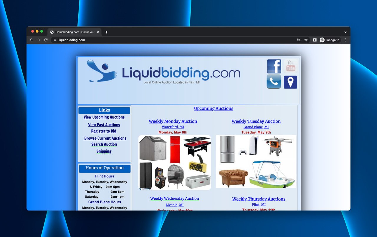 the landing page of Liquid Bidding with blue-oriented background