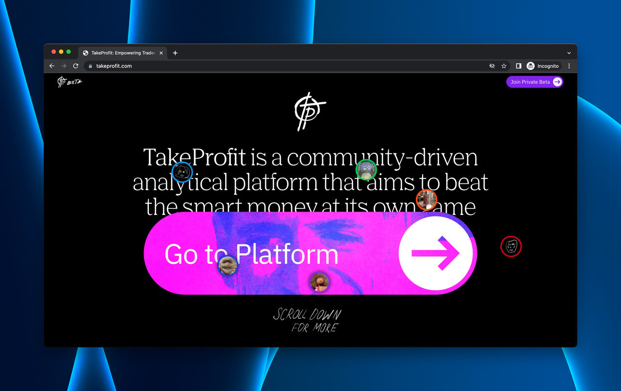 Takeprofit's landing page, a huge button on a black background