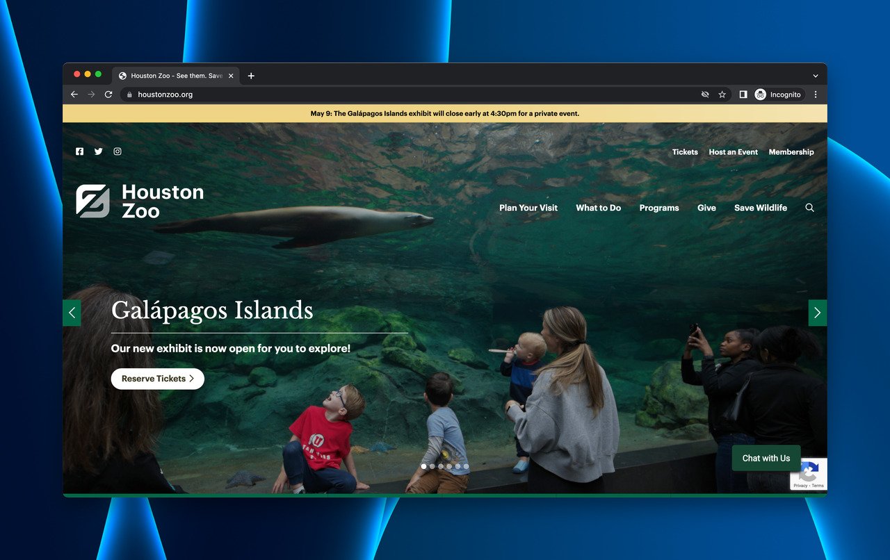 Houston Zoo landing page with the ticket reservation opportunity