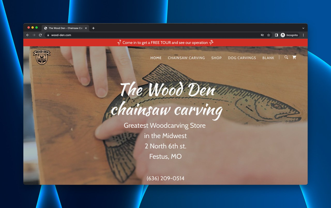 the Wood Den's above-the-fold with a video