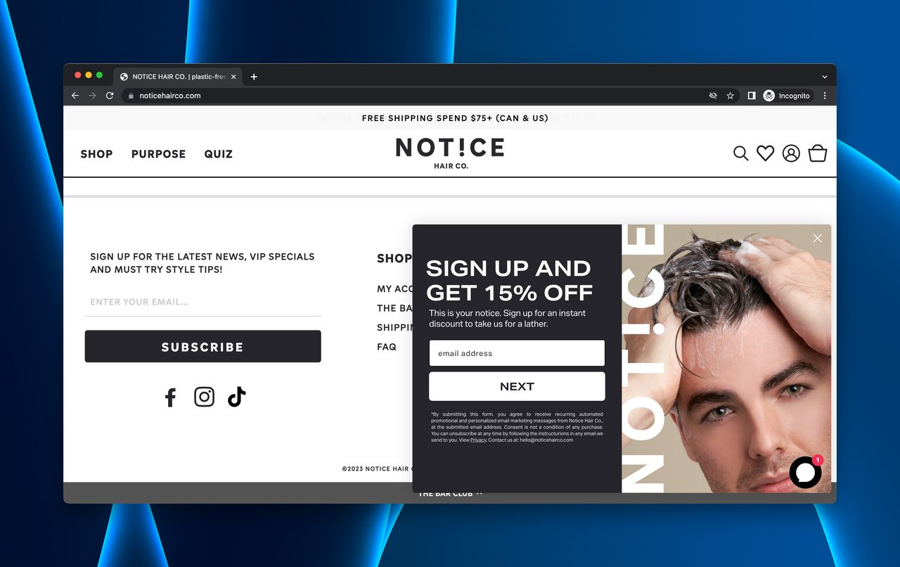 the last part of the Notice Hair Co landing page with a sign up popup