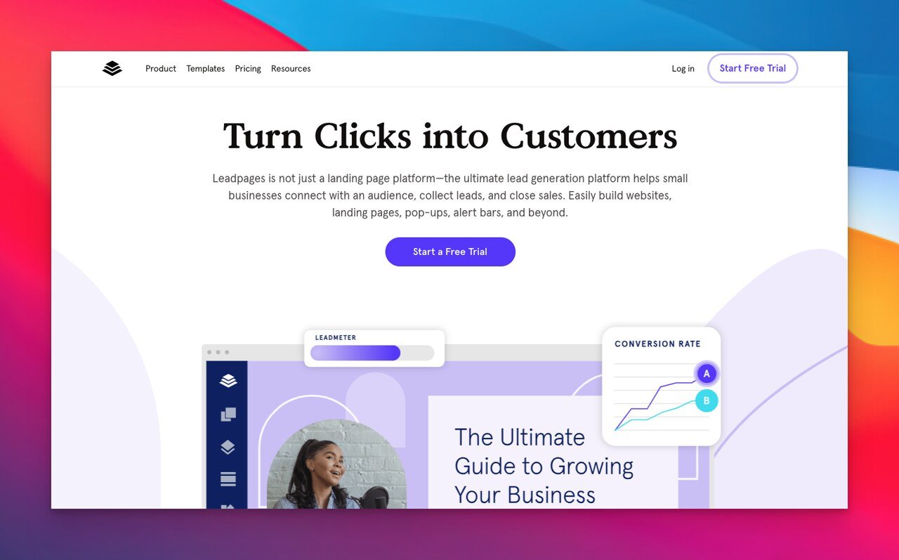 leadpages landing page builder homepage with a slogan that says "turn clicks into customers"