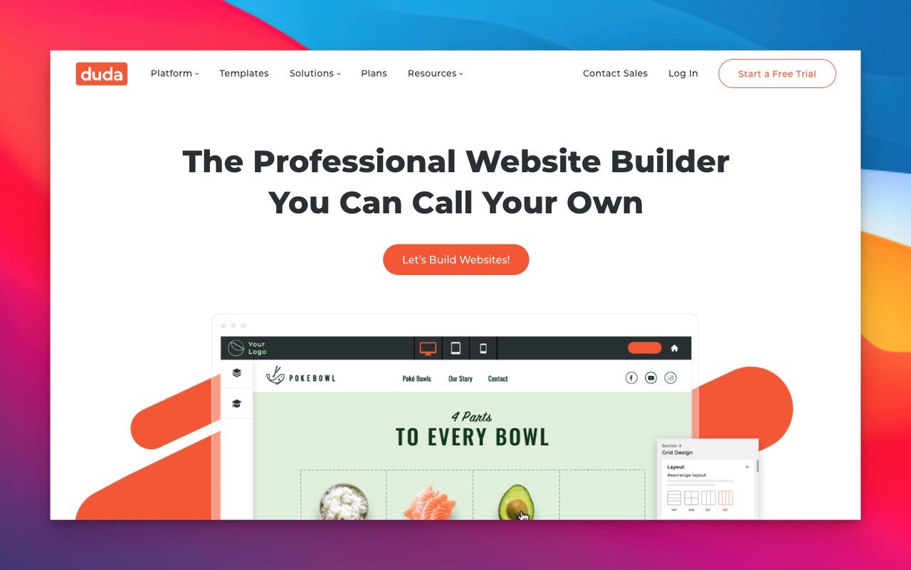 duda landing page builder software homepage with a landing page illustration and a text that says "The Professional Wobsite Bulldor You Can Call Your Own"