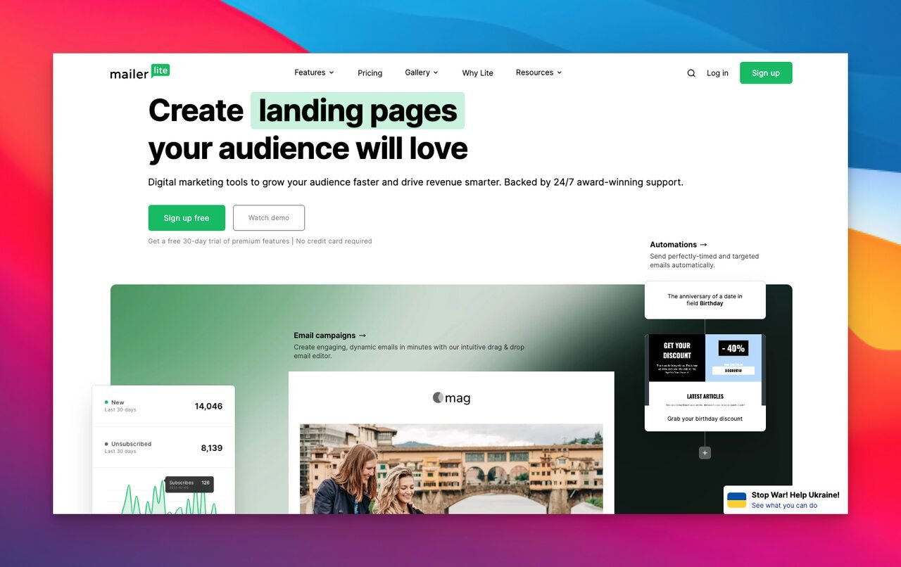 mailerlite landing page builder homepage with landing page images and a dynamic tect that says "create landing pages that your audience will love"