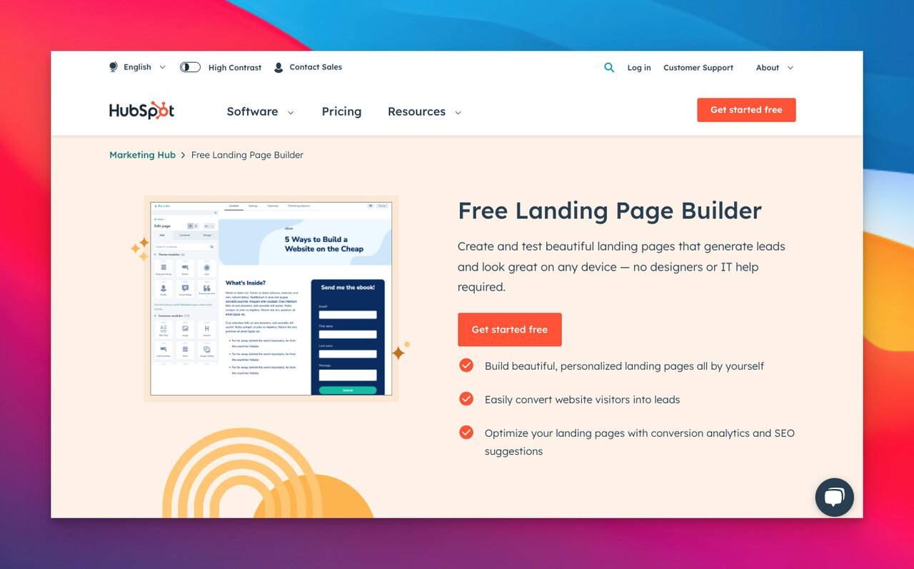 hubspot free landing page builder page with orange theme background and a call to action that says try for free